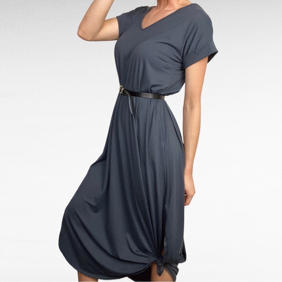 entro Dresses & Skirts - Entro | Solid Grey V-Neck Short Cuffed Sleeve Modern Midi Dress w/Pockets